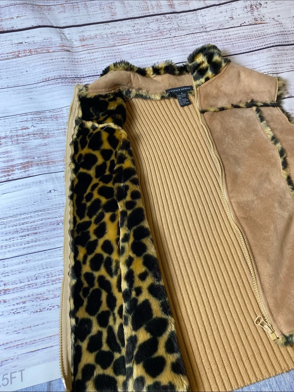 Faux Suede Tan Vest with Leopard Trim Juniors Sz-M